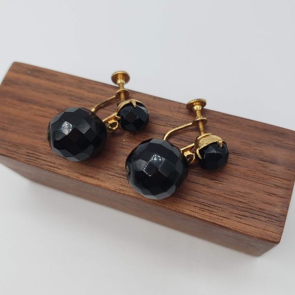 Vintage Black Ball Charm Non-Pierced Screw-back Drop Earrings - Picture 7 of 8